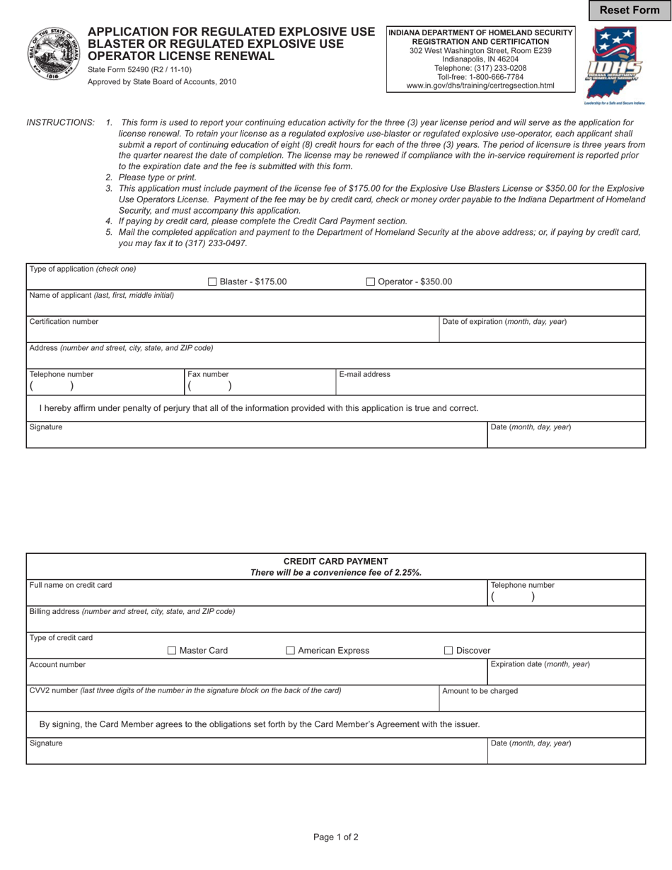 State Form 52490 Application for Regulated Explosive Use Blaster or Regulated Explosive License Renewal - Indiana, Page 1