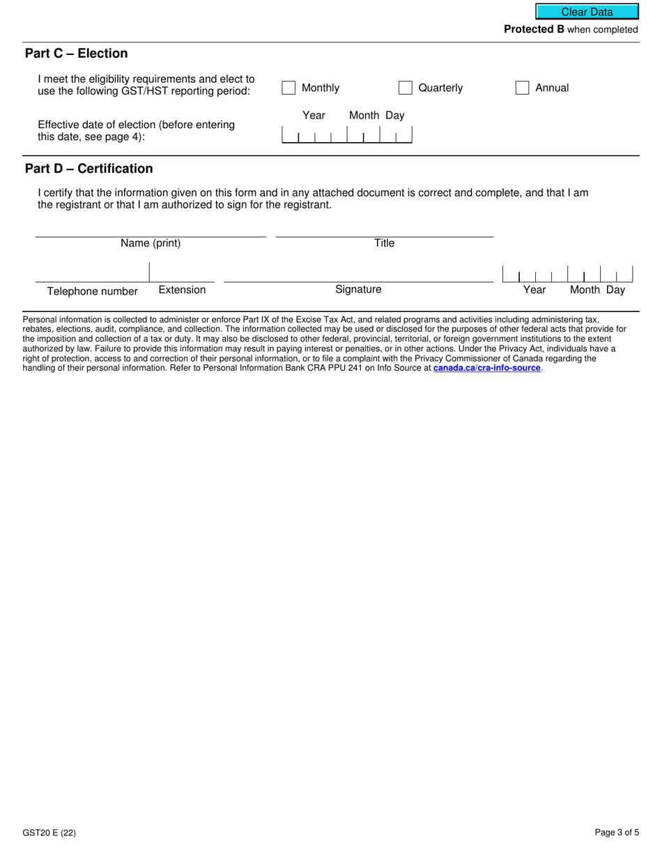 Form GST20 Election for Gst / Hst Reporting Period - Canada, Page 3