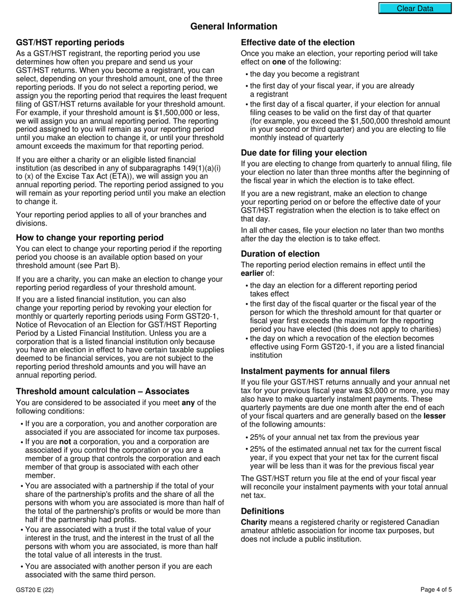 Form GST20 Election for Gst / Hst Reporting Period - Canada, Page 4