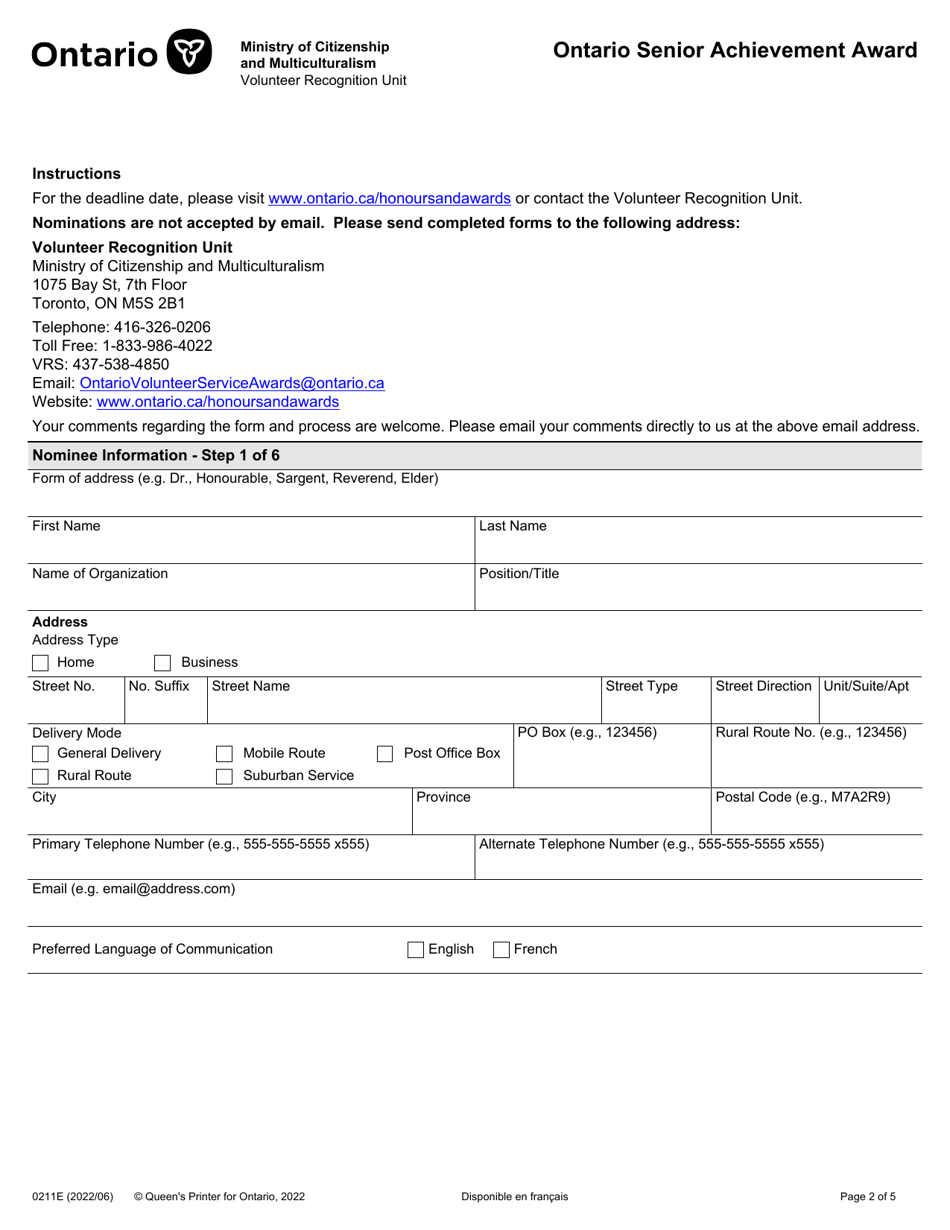 Form 0211E Ontario Senior Achievement Award - Ontario, Canada, Page 2