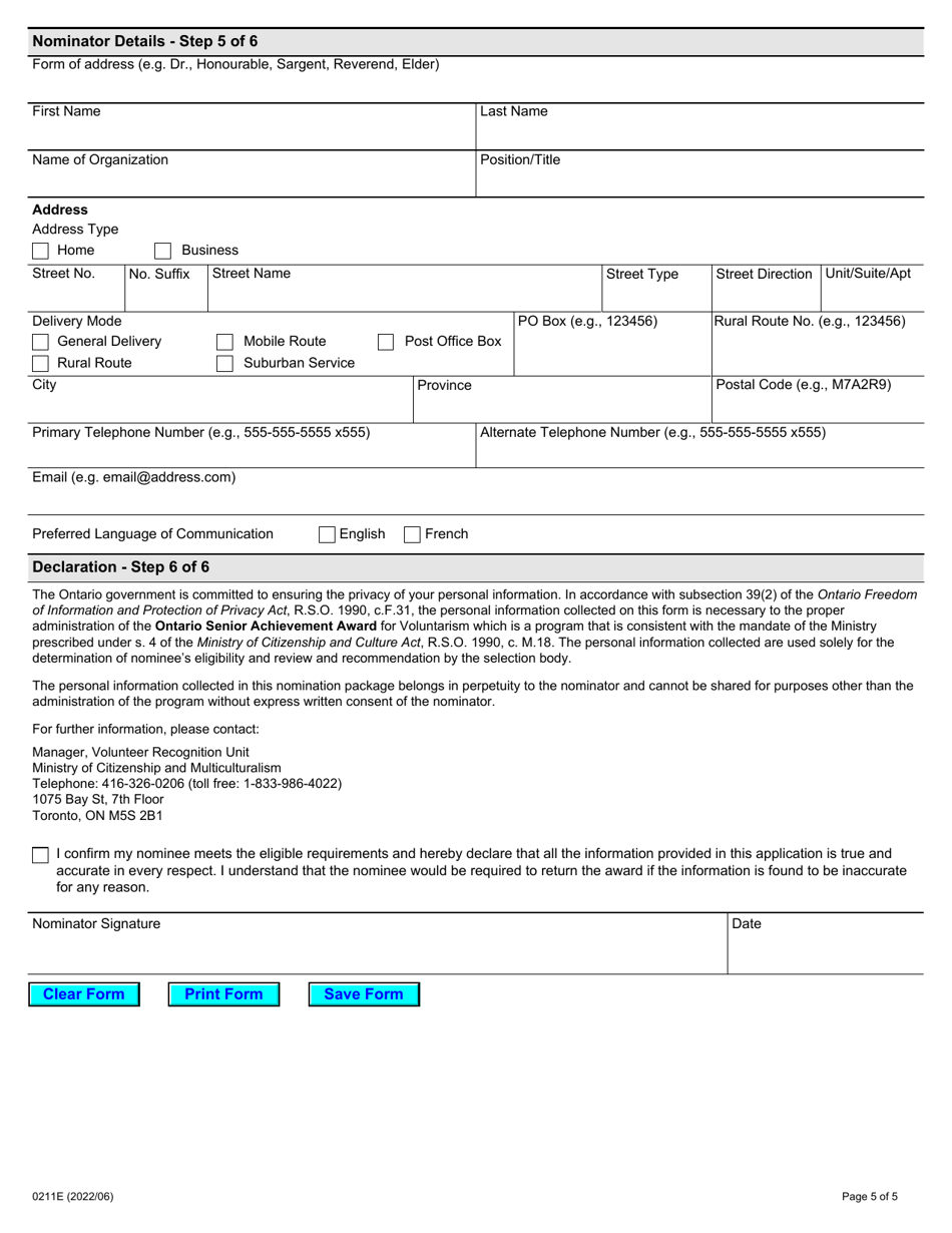 Form 0211E Ontario Senior Achievement Award - Ontario, Canada, Page 5