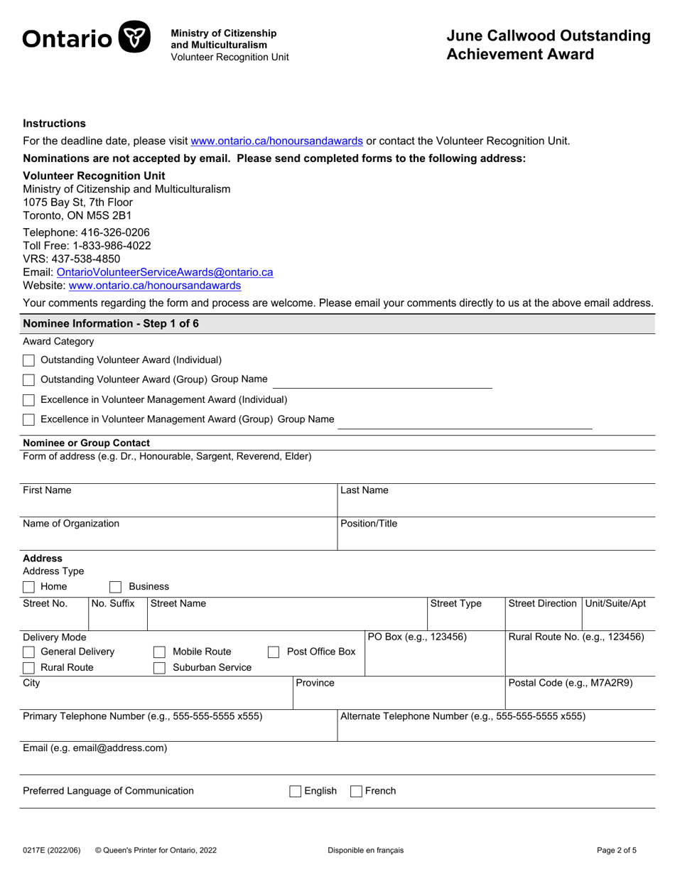 Form 0217E June Callwood Outstanding Achievement Award - Ontario, Canada, Page 2