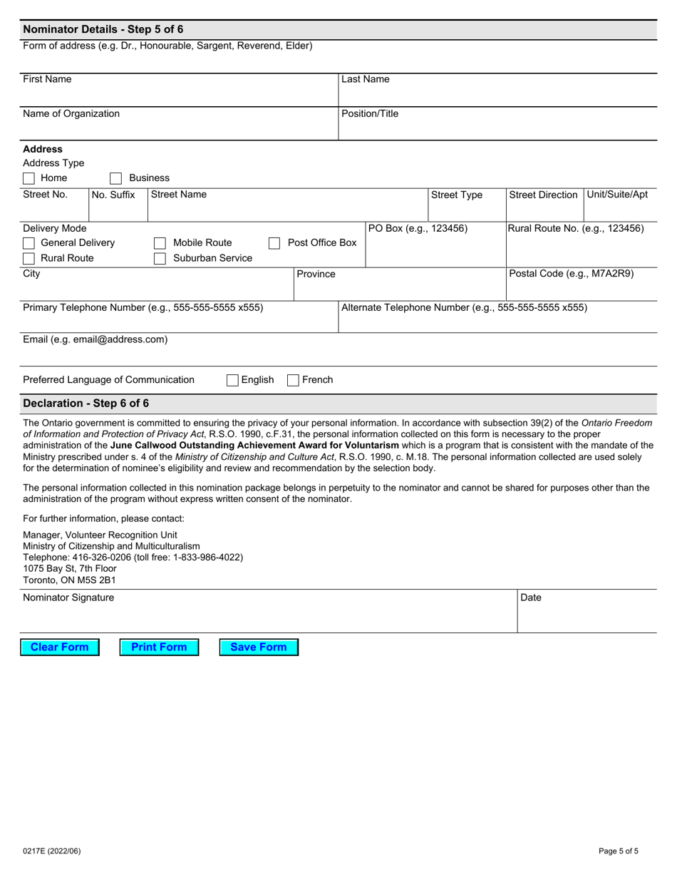 Form 0217E June Callwood Outstanding Achievement Award - Ontario, Canada, Page 5