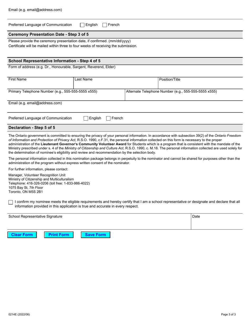 Form 0214E Lieutenant Governors Community Volunteer Award for Students - Ontario, Canada, Page 3