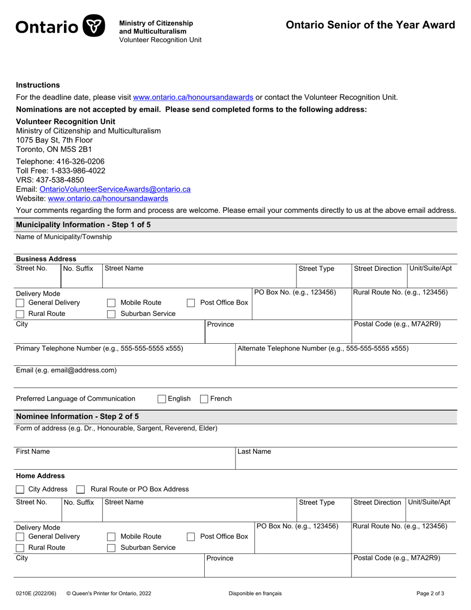 Form 0210E Ontario Senior of the Year Award - Ontario, Canada, Page 2