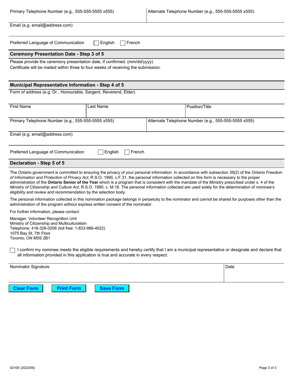 Form 0210E Ontario Senior of the Year Award - Ontario, Canada, Page 3