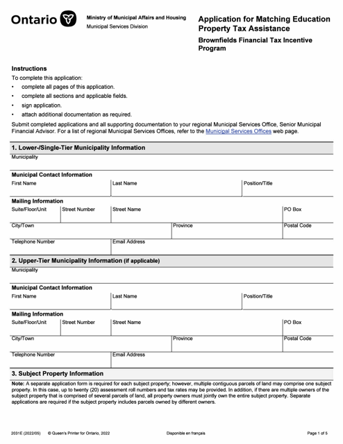 Form 2031E Application for Matching Education Property Tax Assistance - Brownfields Financial Tax Incentive Program - Ontario, Canada