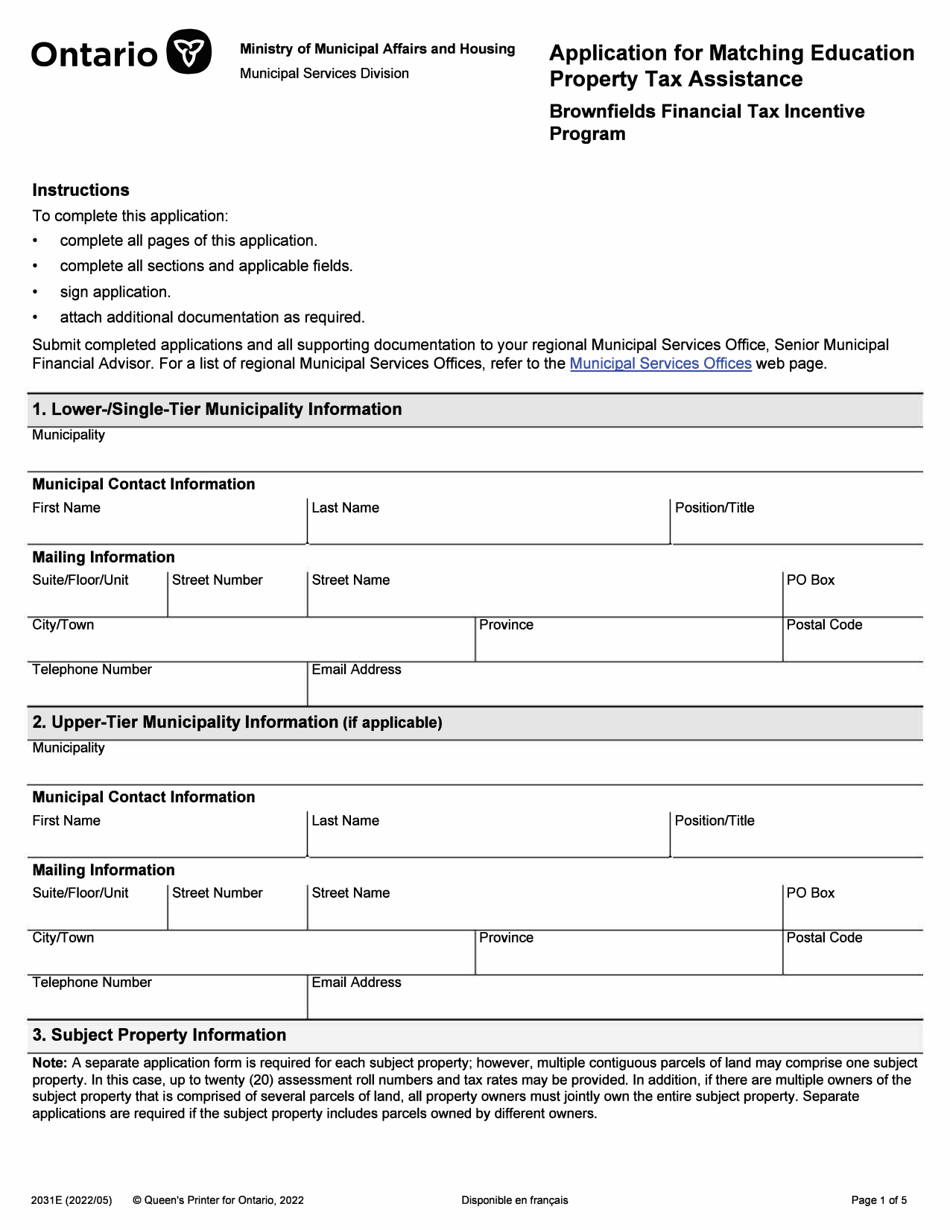 Form 2031E Application for Matching Education Property Tax Assistance - Brownfields Financial Tax Incentive Program - Ontario, Canada, Page 1