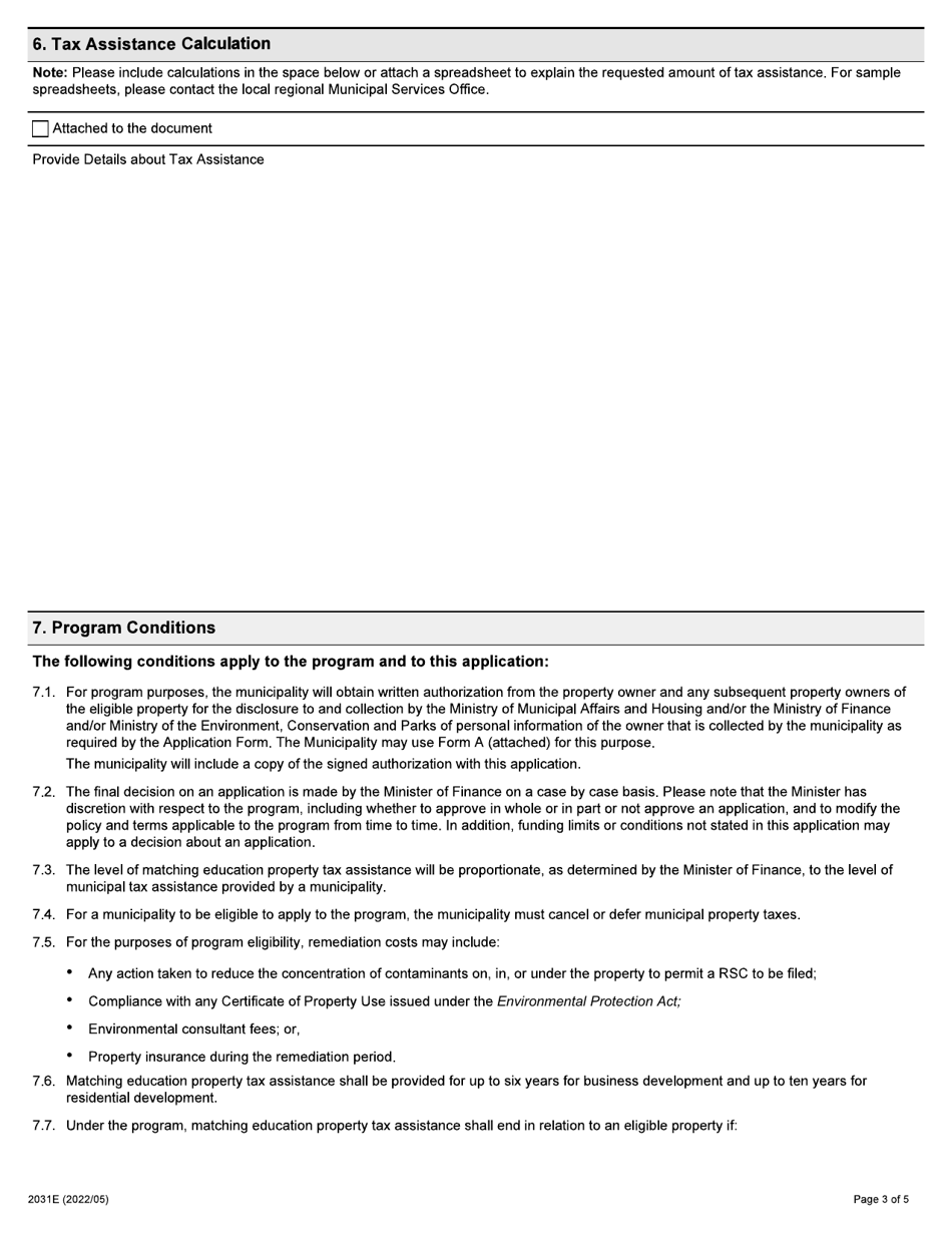 Form 2031E Application for Matching Education Property Tax Assistance - Brownfields Financial Tax Incentive Program - Ontario, Canada, Page 3