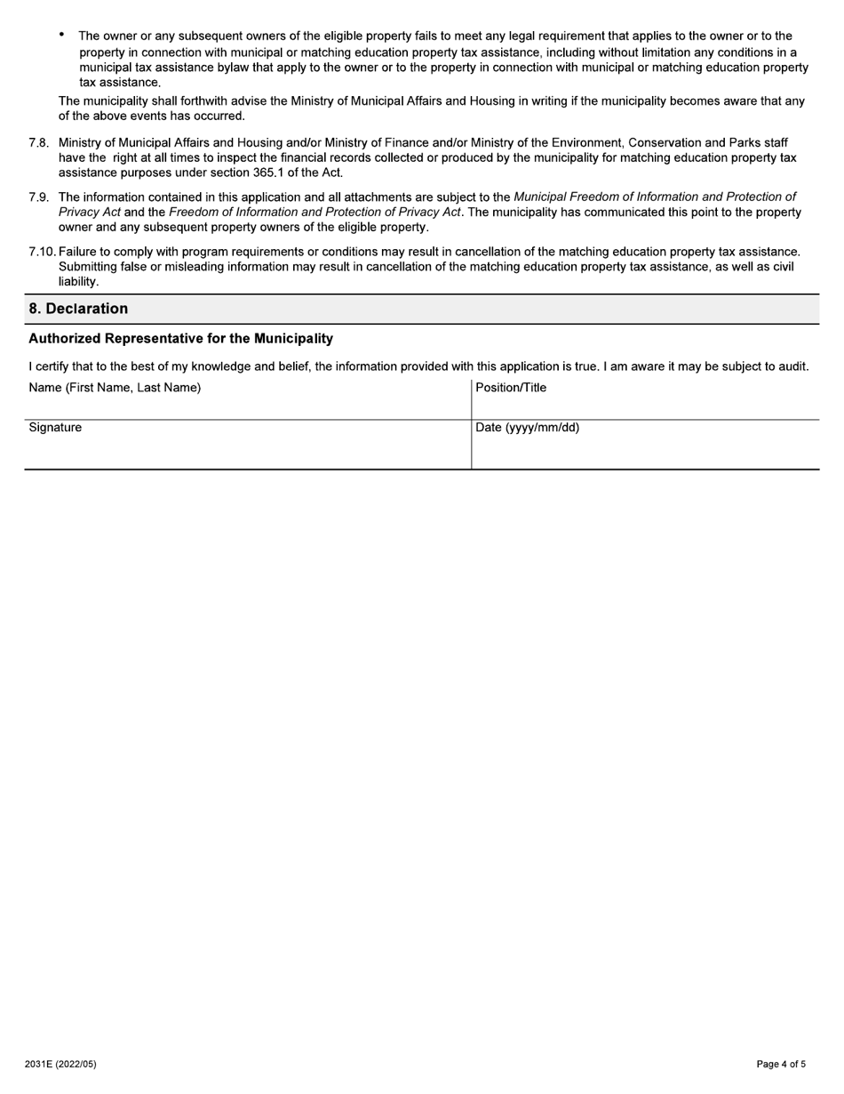 Form 2031E Application for Matching Education Property Tax Assistance - Brownfields Financial Tax Incentive Program - Ontario, Canada, Page 4