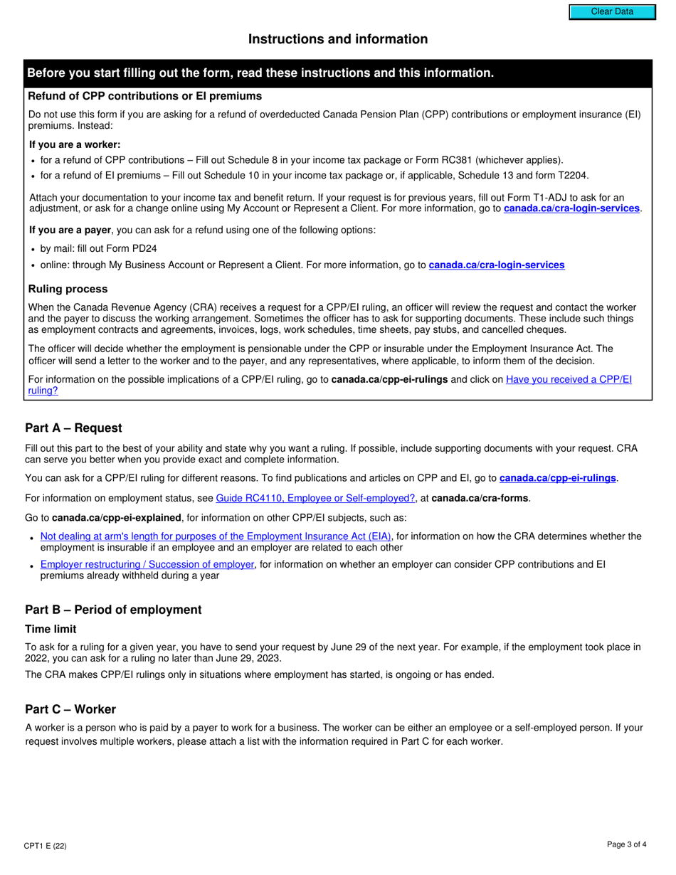 Form CPT1 Request for a Cpp / Ei Ruling - Employee or Self-employed - Canada, Page 3