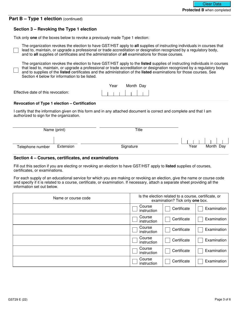 Form GST29 Educational Services - Election and Revocation of the Election to Make Certain Supplies Taxable - Canada, Page 3