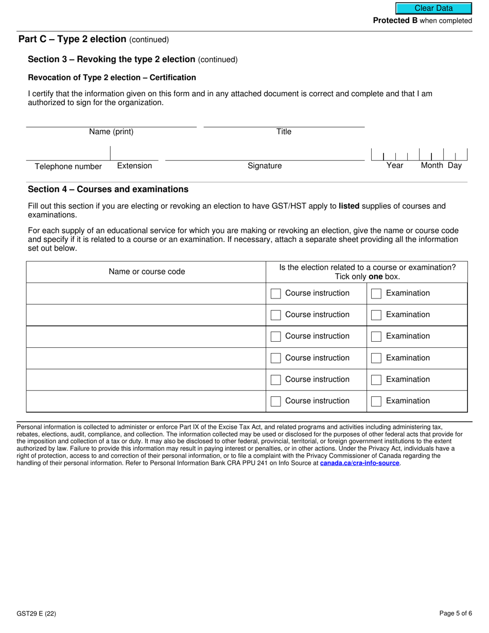 Form GST29 Educational Services - Election and Revocation of the Election to Make Certain Supplies Taxable - Canada, Page 5