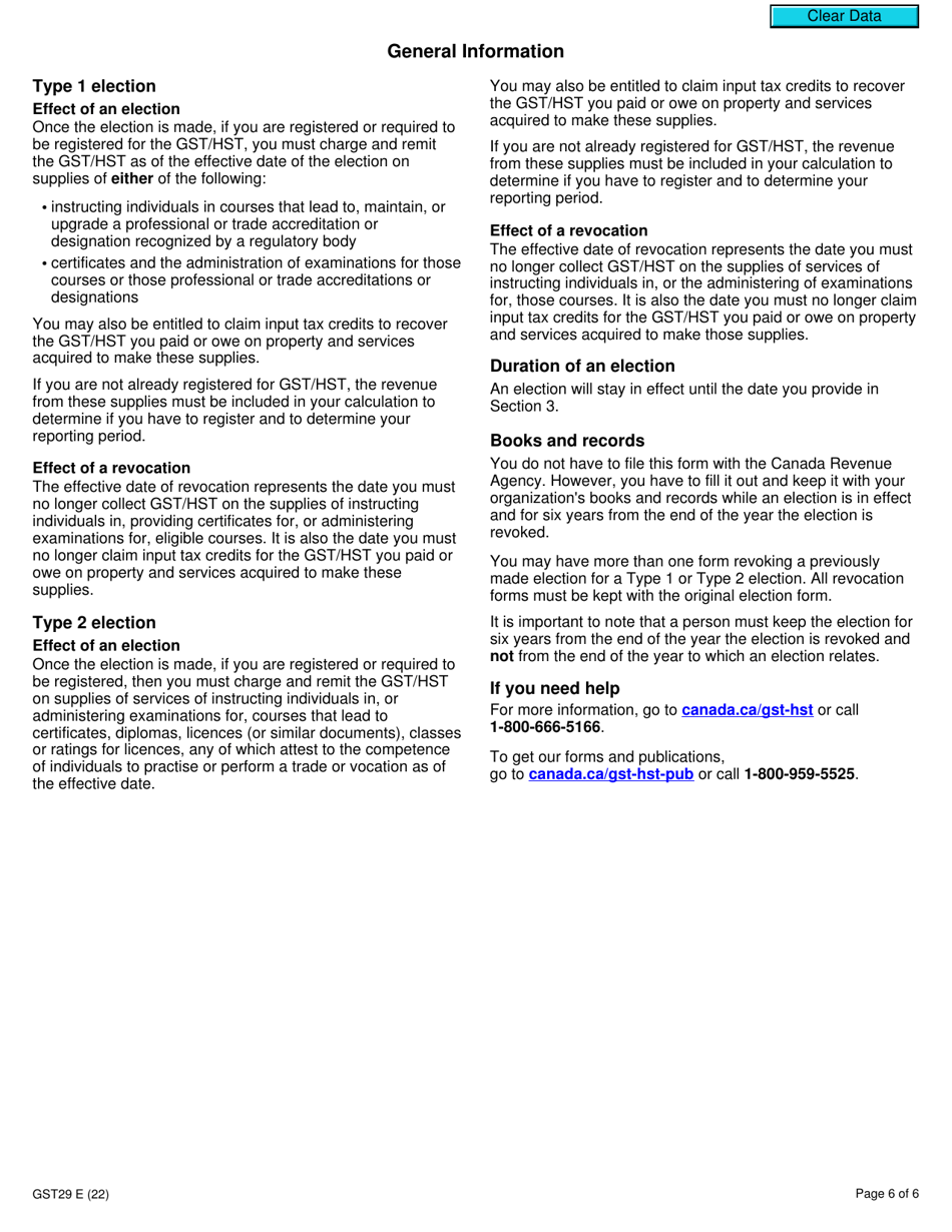 Form GST29 Educational Services - Election and Revocation of the Election to Make Certain Supplies Taxable - Canada, Page 6