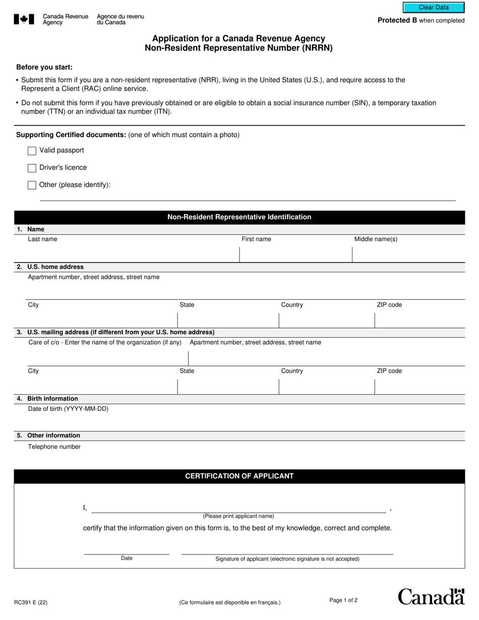 Form RC391 Application for a Canada Revenue Agency Non-resident Representative Number (Nrrn) - Canada, Page 1