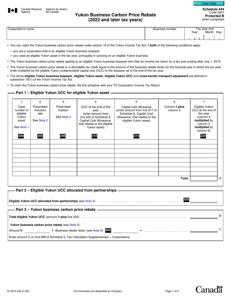 Form T2 Schedule 444 Yukon Business Carbon Price Rebate (2022 and Later Tax Years) - Canada, Page 1