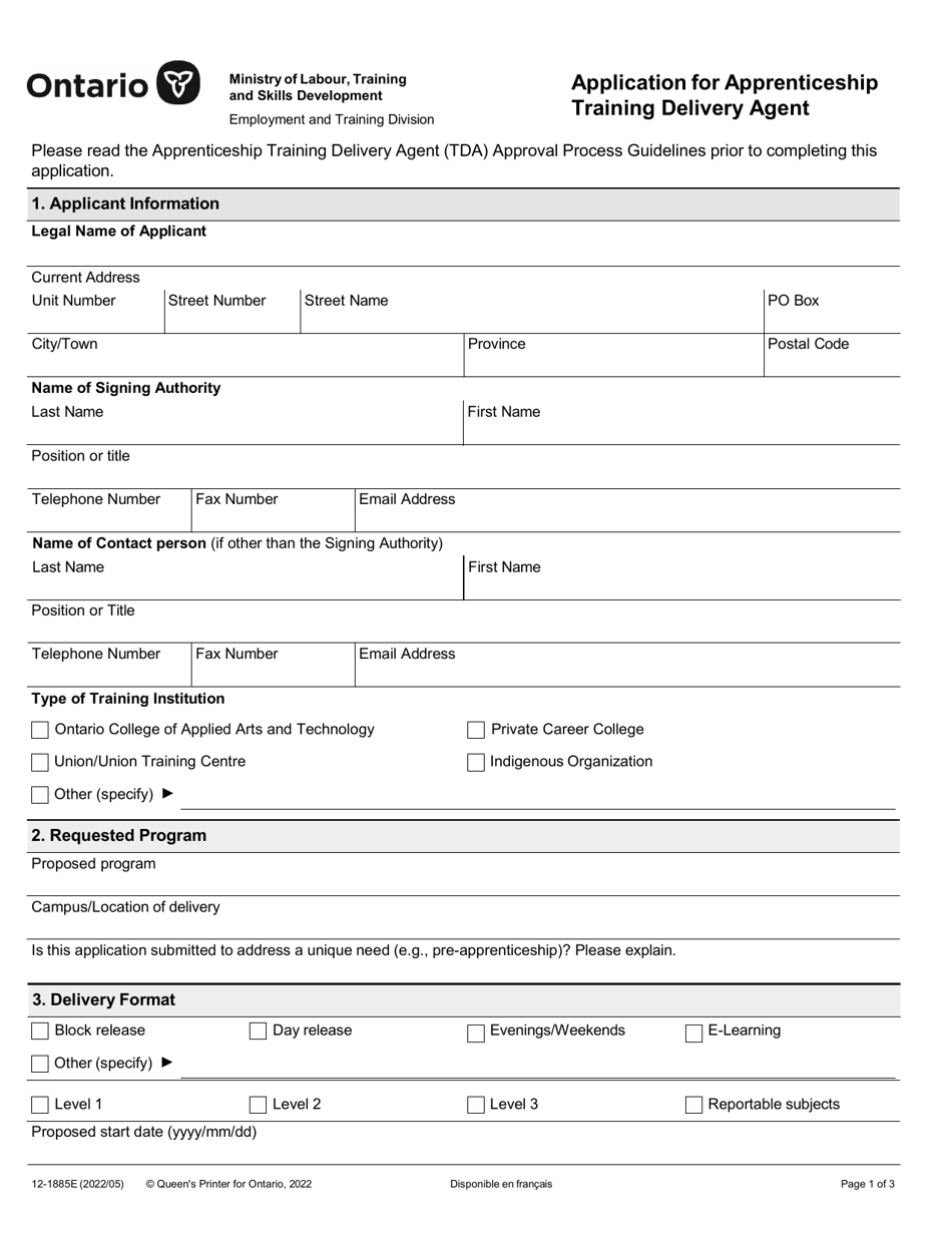 Form 12-1885E Application for Apprenticeship Training Delivery Agent - Ontario, Canada, Page 1