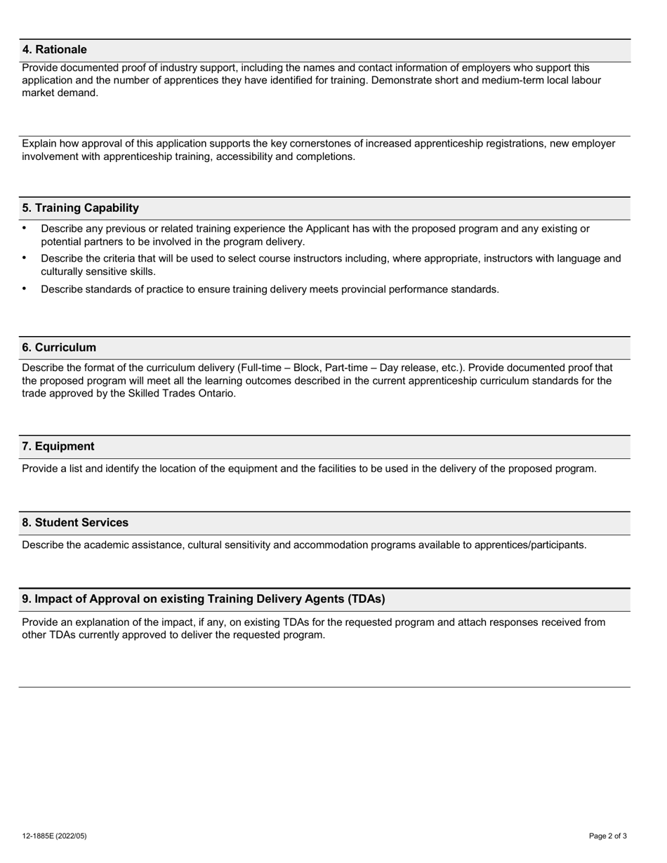 Form 12-1885E Application for Apprenticeship Training Delivery Agent - Ontario, Canada, Page 2