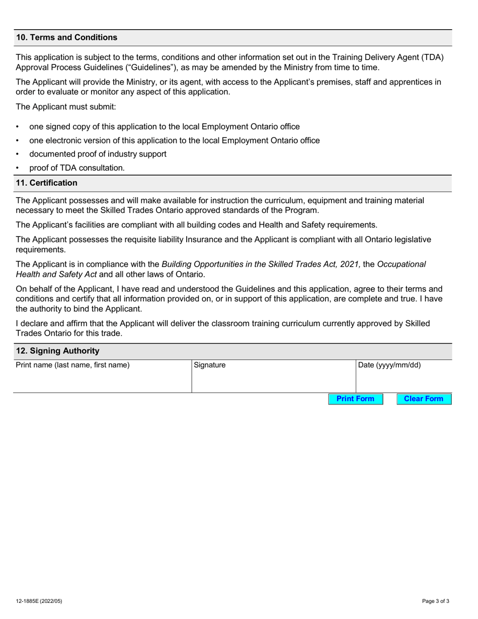 Form 12-1885E Application for Apprenticeship Training Delivery Agent - Ontario, Canada, Page 3