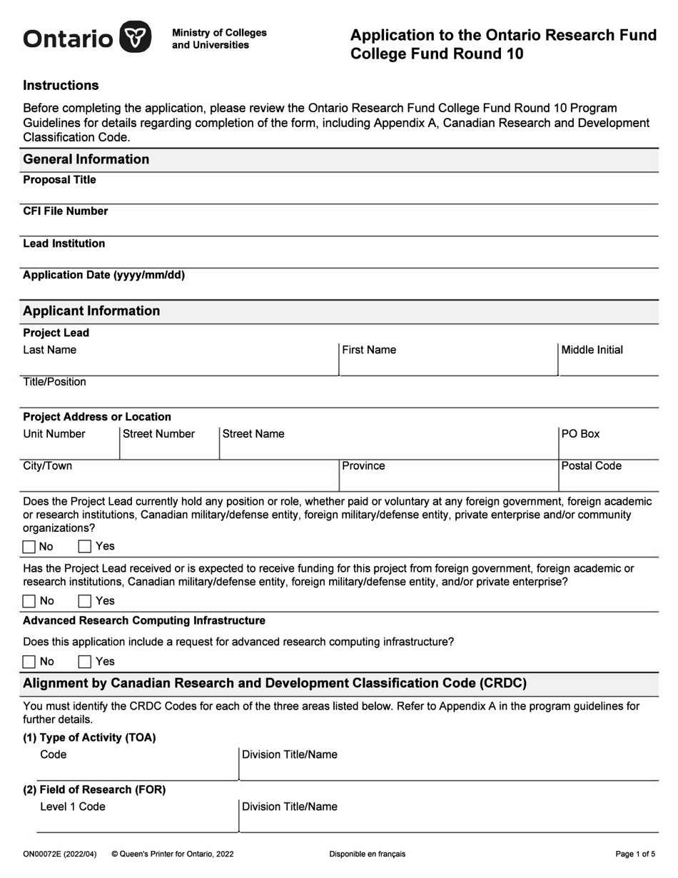 Form ON00072E Application to the Ontario Research Fund College Fund Round 10 - Ontario, Canada, Page 1