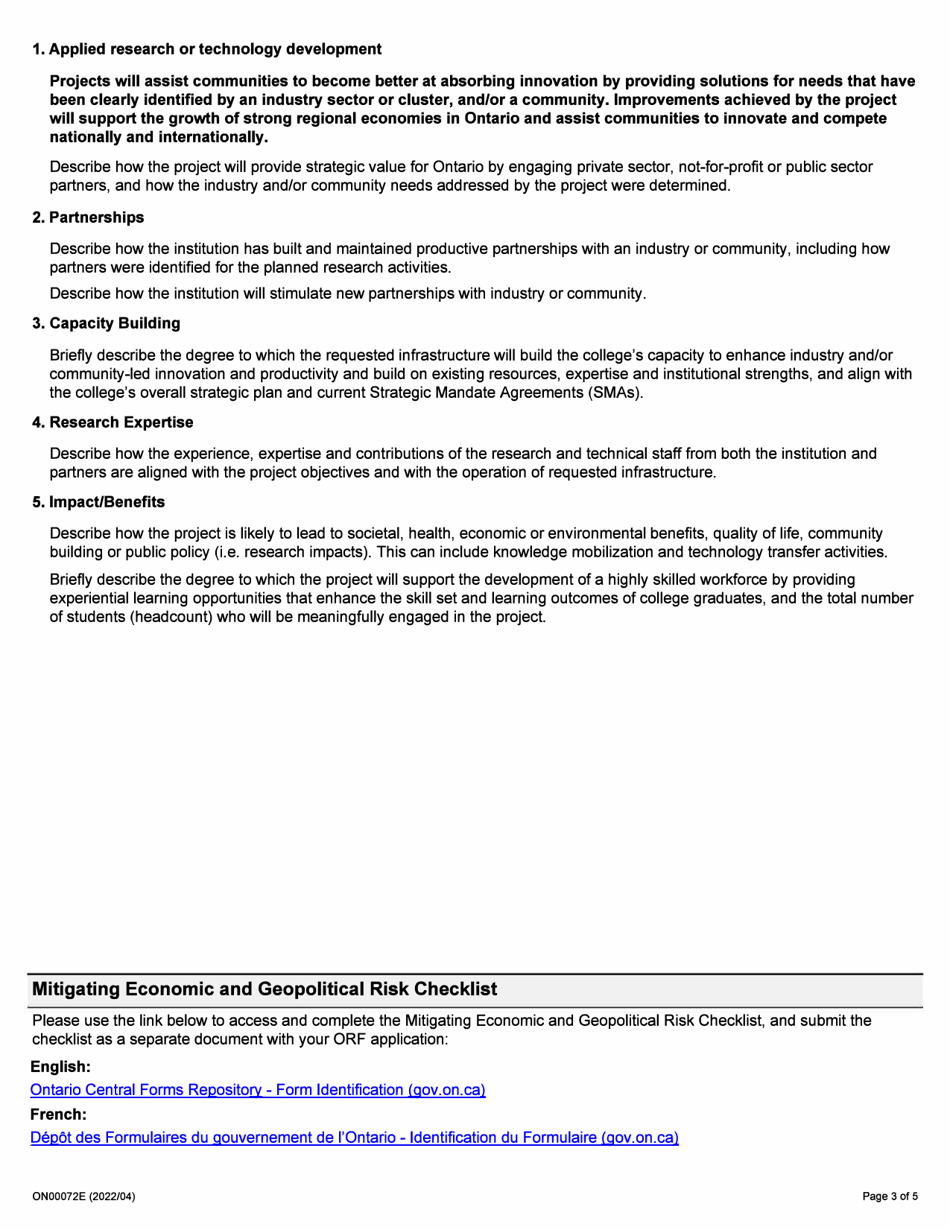 Form ON00072E Application to the Ontario Research Fund College Fund Round 10 - Ontario, Canada, Page 3