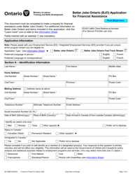 Form 89-1889E &quot;Better Jobs Ontario (Bjo) Application for Financial Assistance&quot; - Ontario, Canada