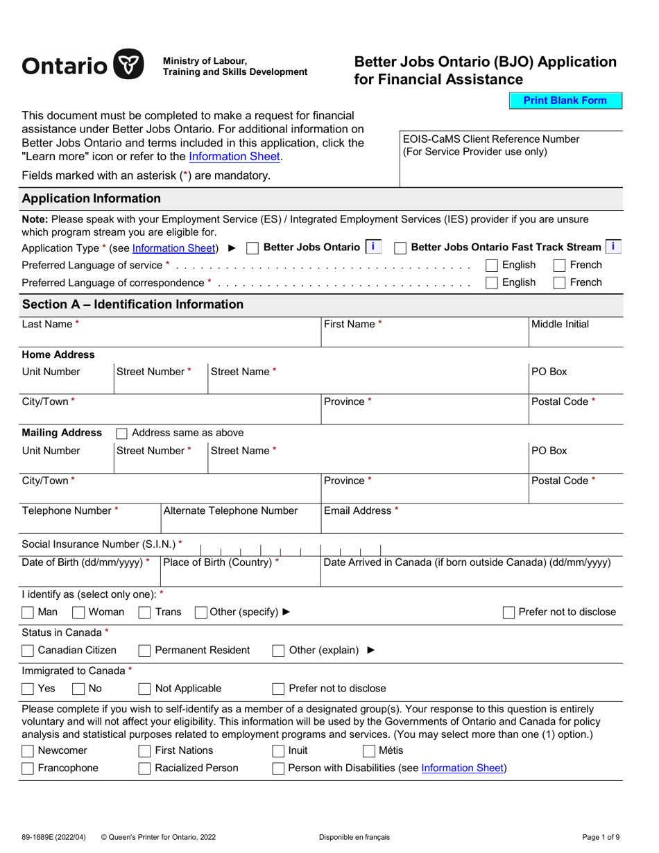 Form 89-1889E Better Jobs Ontario (Bjo) Application for Financial Assistance - Ontario, Canada, Page 1