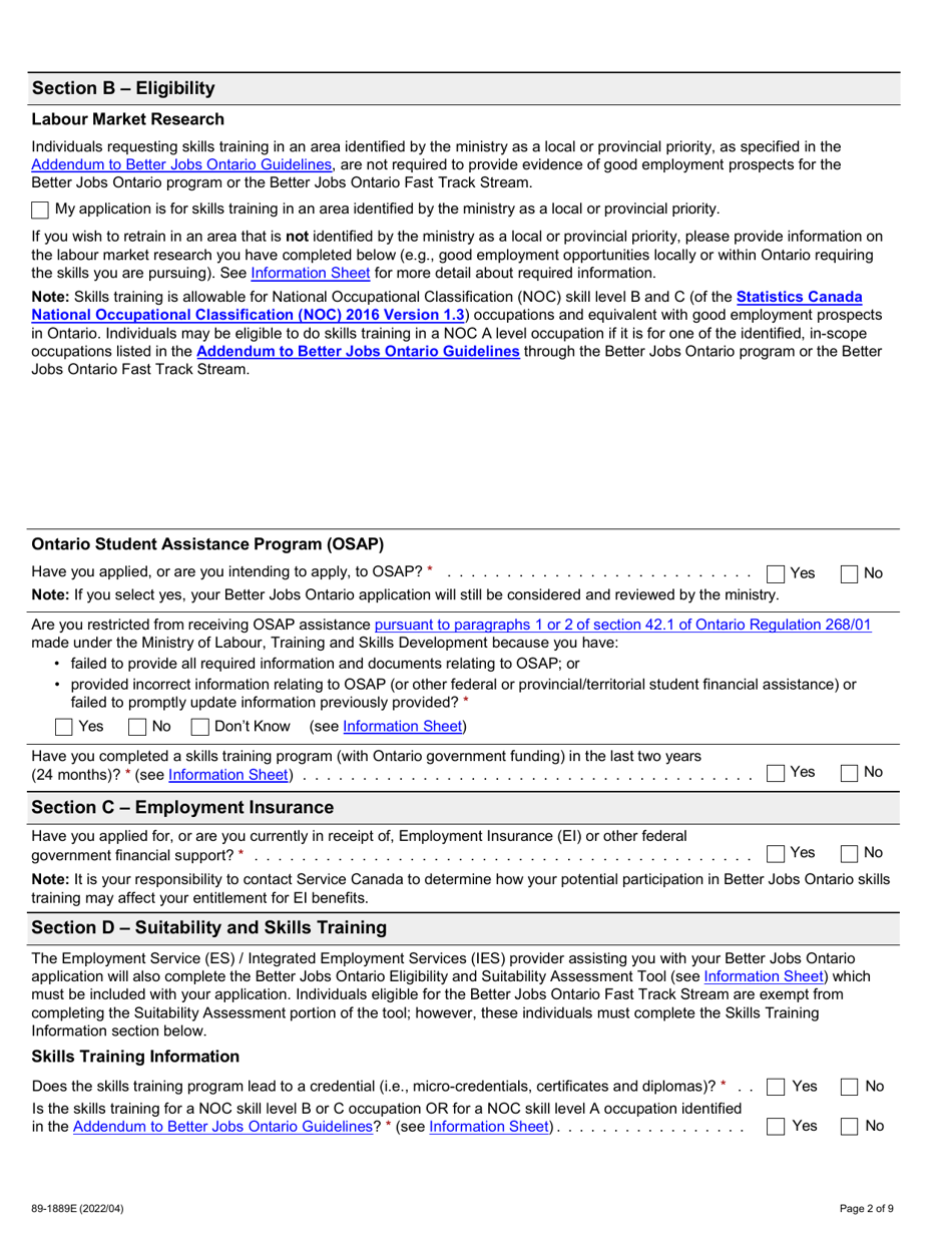 Form 89-1889E Better Jobs Ontario (Bjo) Application for Financial Assistance - Ontario, Canada, Page 2