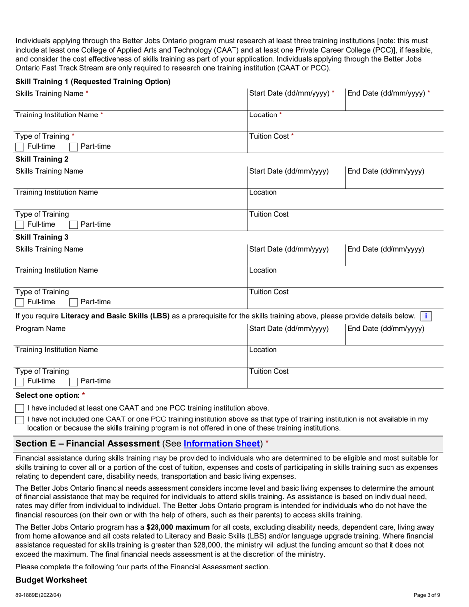 Form 89-1889E Better Jobs Ontario (Bjo) Application for Financial Assistance - Ontario, Canada, Page 3