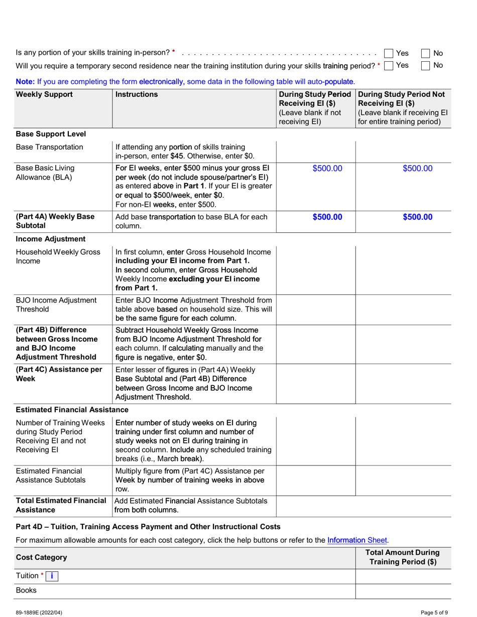 Form 89-1889E Better Jobs Ontario (Bjo) Application for Financial Assistance - Ontario, Canada, Page 5