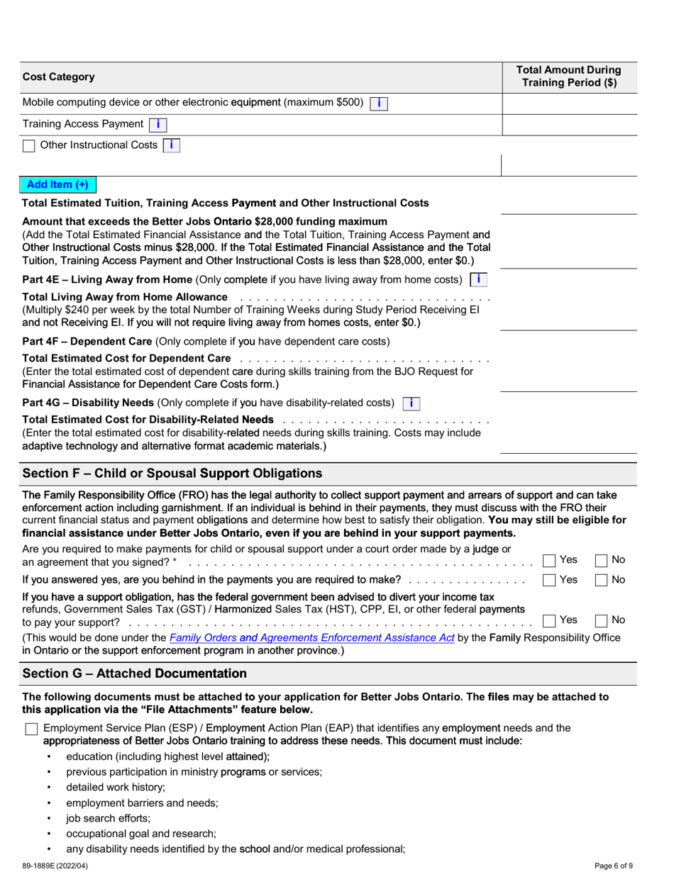 Form 89-1889E Download Fillable PDF or Fill Online Better Jobs Ontario ...
