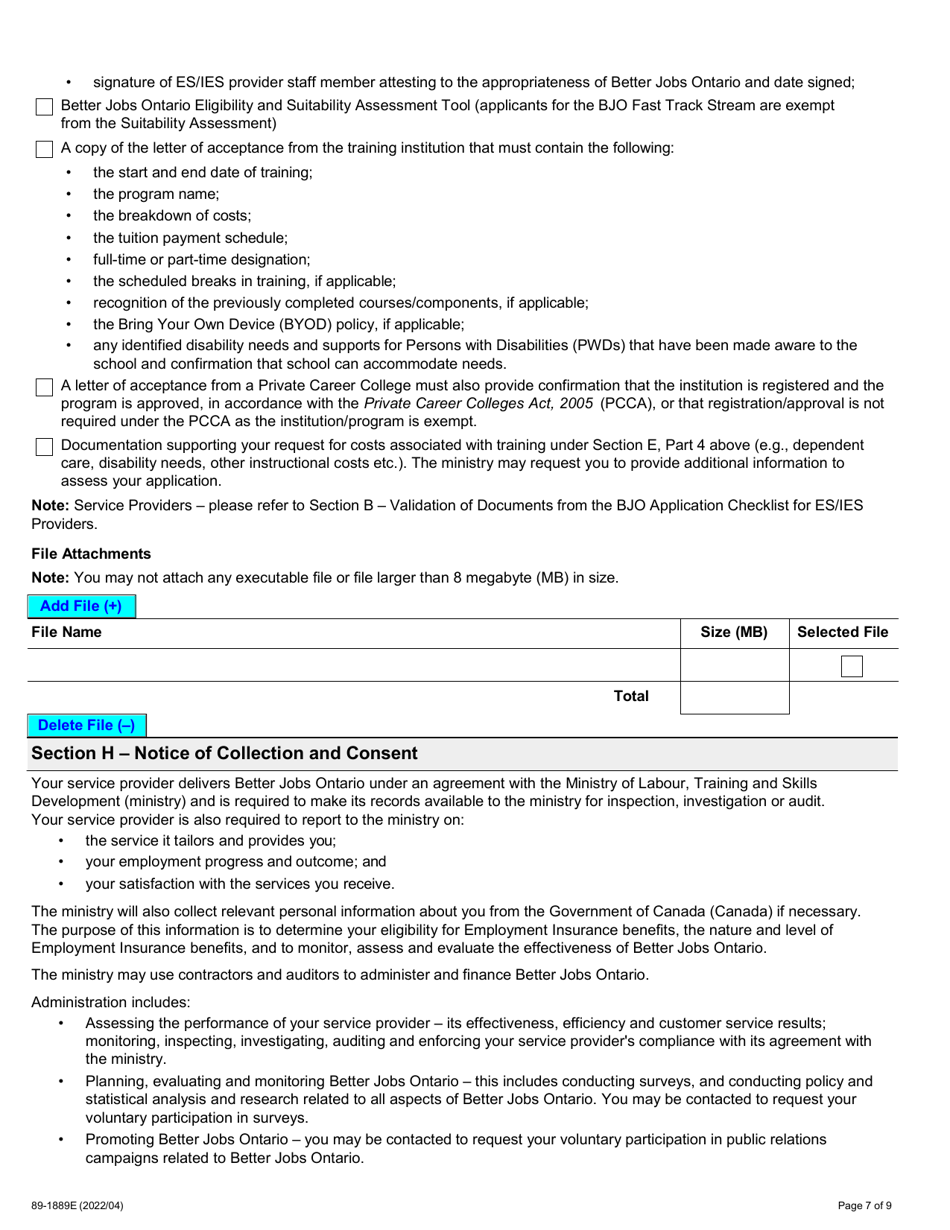 Form 89-1889E Better Jobs Ontario (Bjo) Application for Financial Assistance - Ontario, Canada, Page 7
