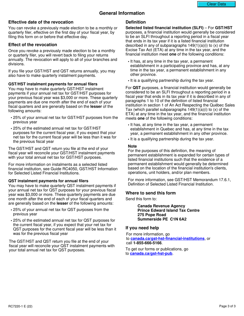 Form RC7220-1 Notice of Revocation of an Election for Gst / Hst and Qst Reporting Period by a Selected Listed Financial Institution - Canada, Page 3