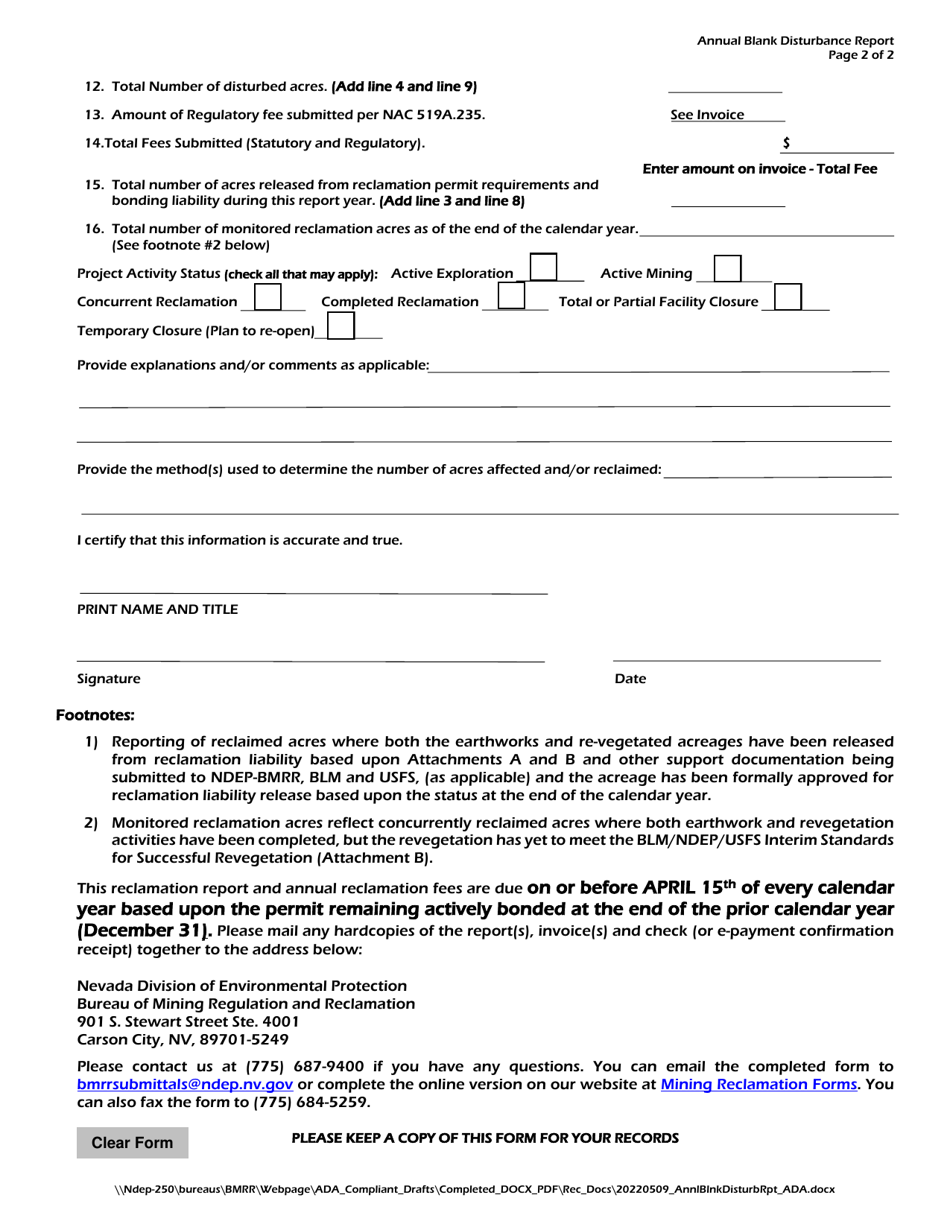 Annual Reclamation Disturbance Report - Nevada, Page 2