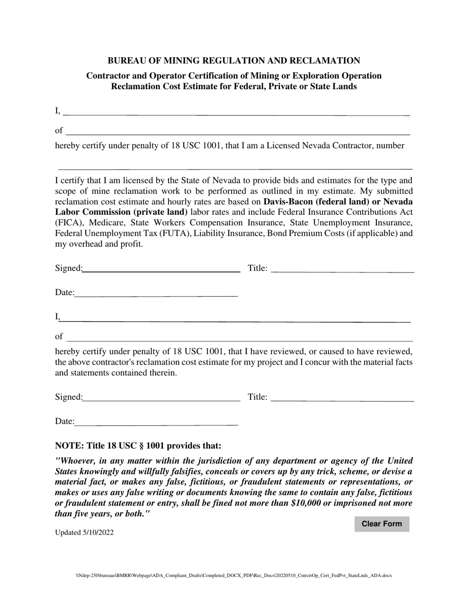 Contractor and Operator Certification of Mining or Exploration Operation Reclamation Cost Estimate for Federal, Private or State Lands - Nevada, Page 1