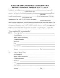 Reclamation Permit Transfer Request Form With R085 Affidavit - Nevada