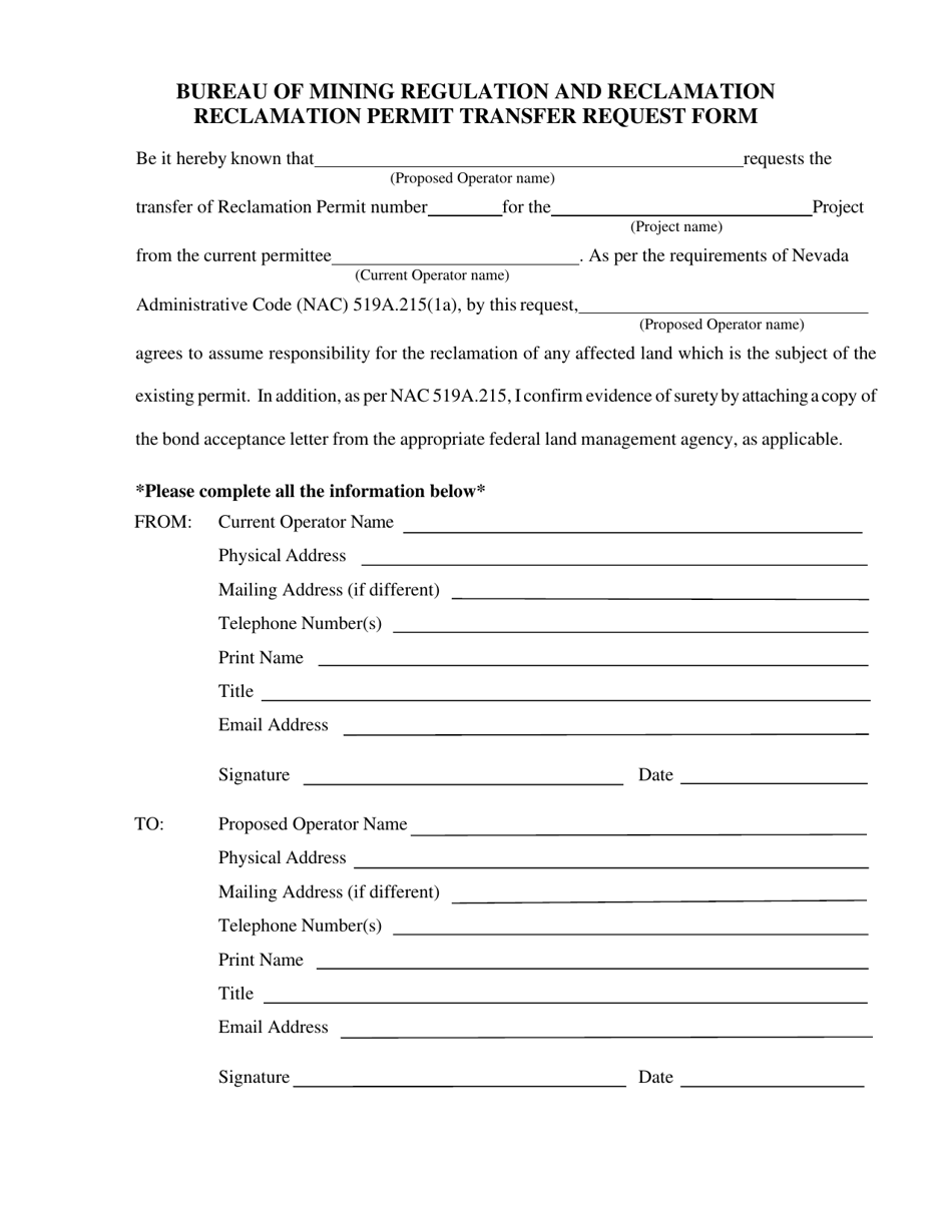 Reclamation Permit Transfer Request Form With R085 Affidavit - Nevada, Page 1