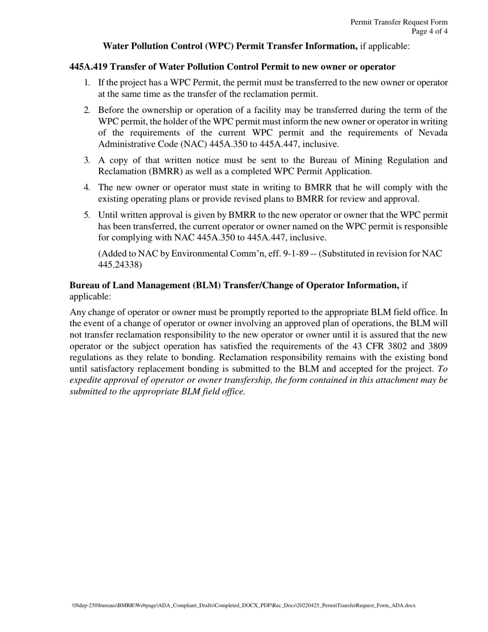 Nevada Reclamation Permit Transfer Request Form With R085 Affidavit Fill Out Sign Online And 5572