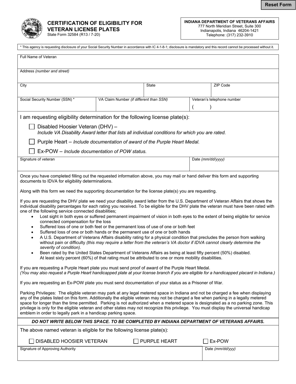 State Form 32584 Certification of Eligibility for Veteran License Plates - Indiana, Page 1