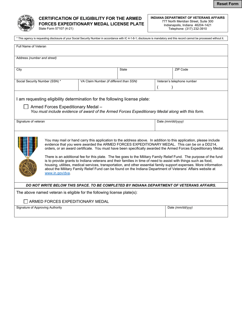 State Form 57107 Certification of Eligibility for the Armed Forces Expeditionary Medal License Plate - Indiana, Page 1
