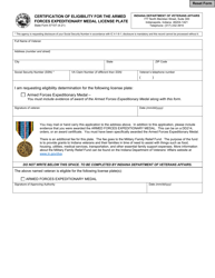 State Form 57107 &quot;Certification of Eligibility for the Armed Forces Expeditionary Medal License Plate&quot; - Indiana