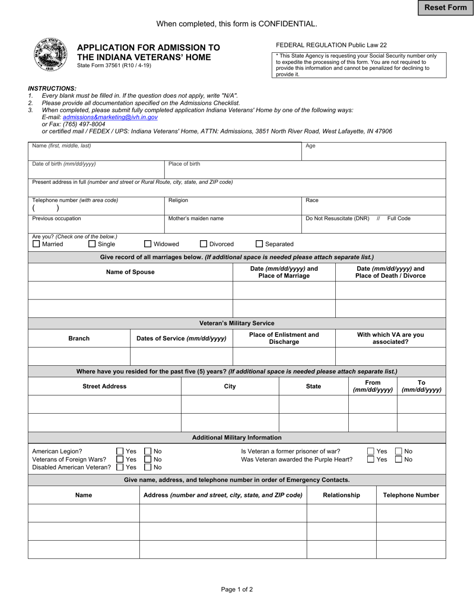State Form 37561 Application for Admission to the Indiana Veterans Home - Indiana, Page 1