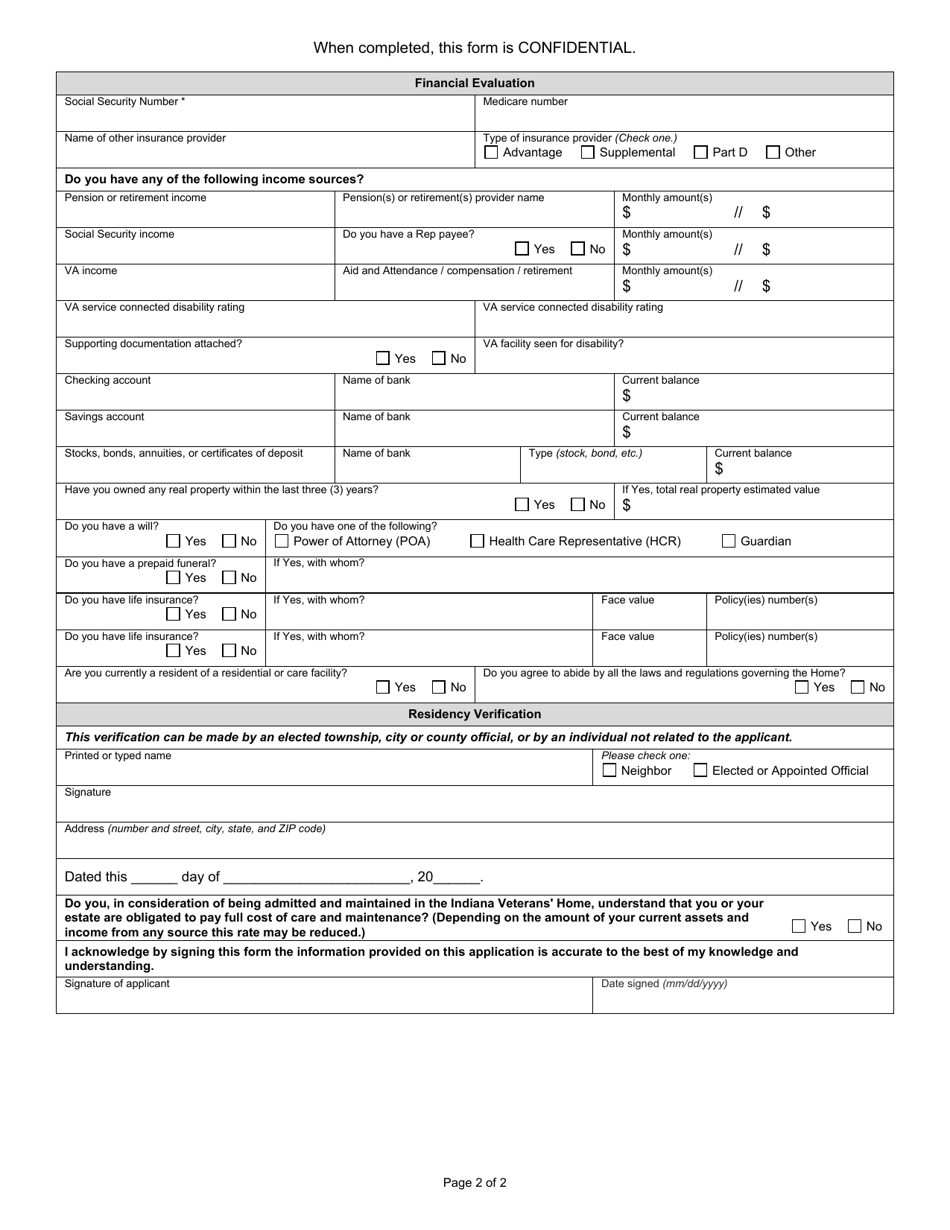 State Form 37561 Application for Admission to the Indiana Veterans Home - Indiana, Page 2