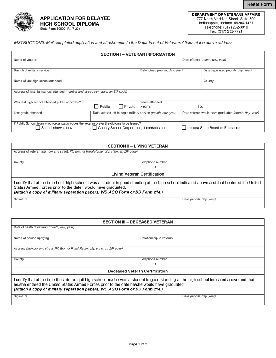 State Form 50900 Application for Delayed High School Diploma - Indiana, Page 1