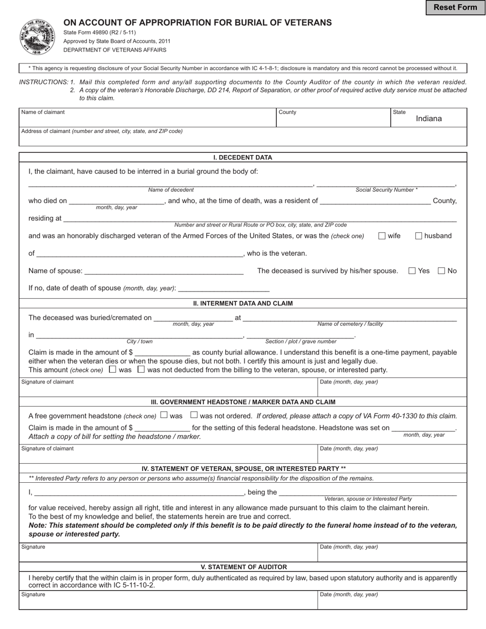 State Form 49890 Application for County Burial Allowance - Indiana, Page 1