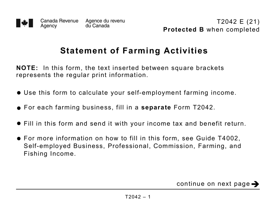 Form T2042 Statement of Farming Activities - Large Print - Canada, Page 1