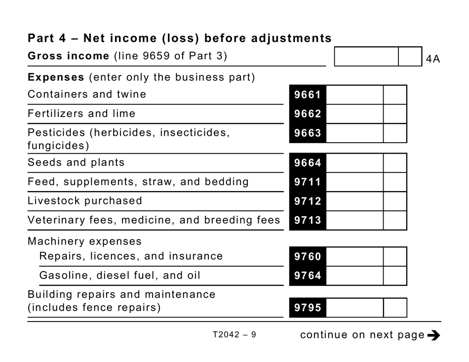 Form T2042 Statement of Farming Activities - Large Print - Canada, Page 9