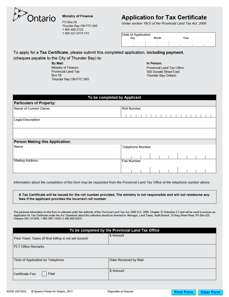 Form 0253E Application for Tax Certificate - Ontario, Canada, Page 1