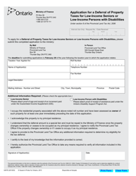 Document preview: Form 0257E Application for a Deferral of Property Taxes for Low-Income Seniors or Low-Income Persons With Disabilities - Ontario, Canada