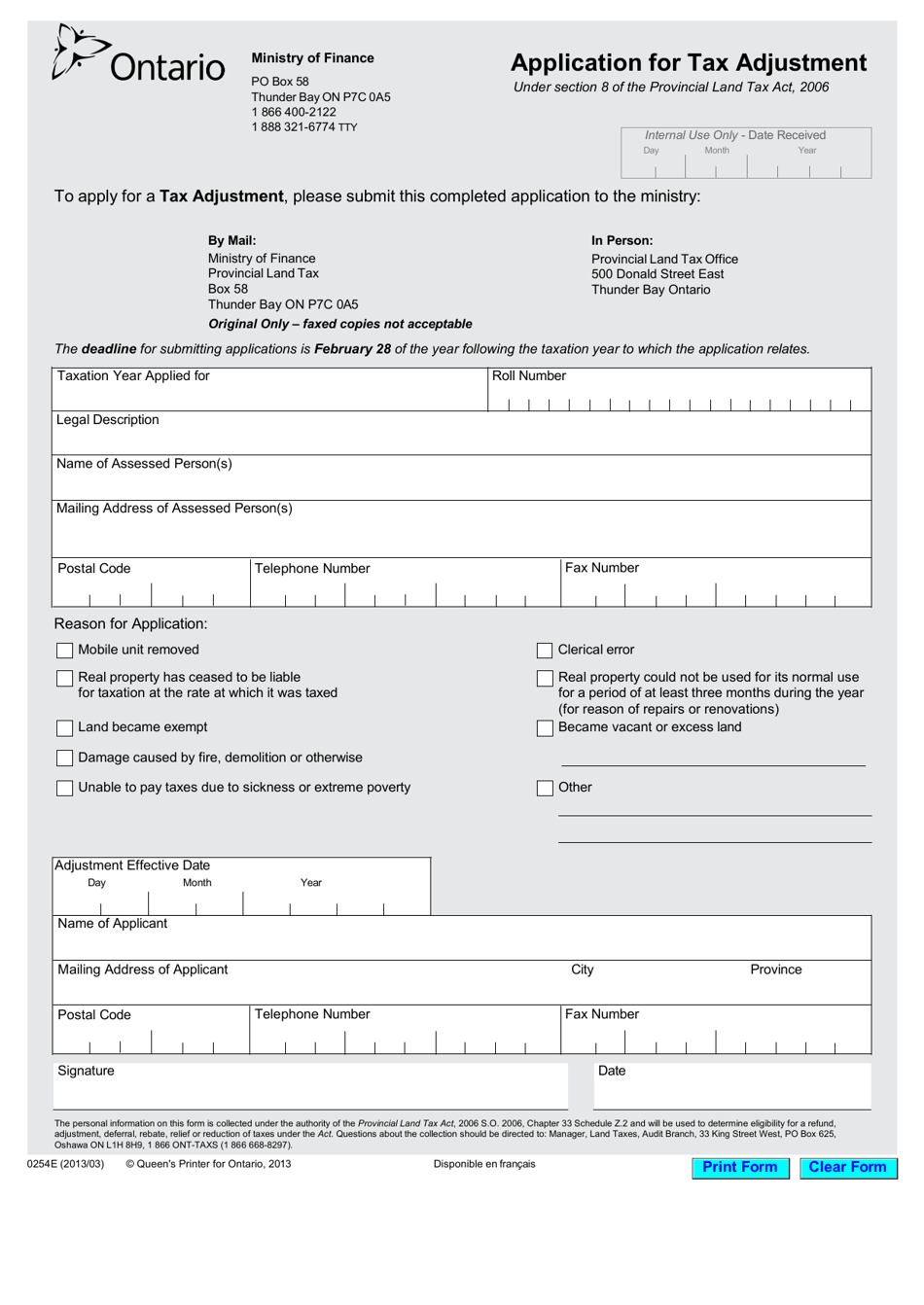 Form 0254E Application for Tax Adjustment - Ontario, Canada, Page 1